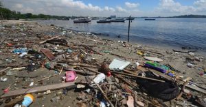 Lixo acumulado nas margens da Baía de Guanabara (RJ). (fonte: Marcelo Fonseca/Estadão Conteúdo)